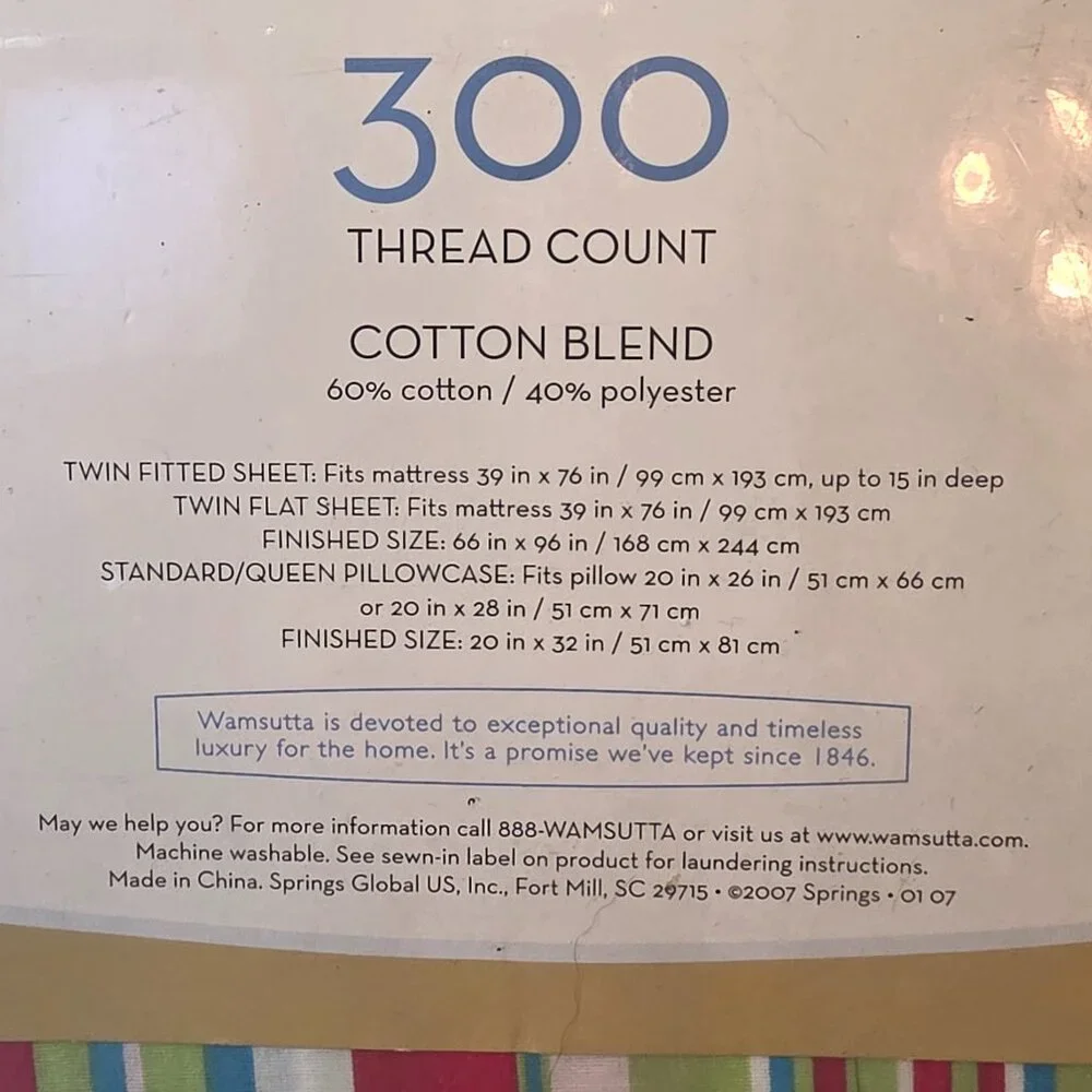 3 Piece 300 Count Twin Wamsutta Sheet Set 60/40 Striped Flat Fitted & Pillowcase